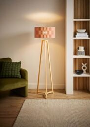 ValueLights Lottie Tripod Wooden Floor Lamp with Orange Checker Bamboo Lamp Shade