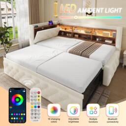 BTM 3FT Velvet Pull-Out Daybed LED USB Shelf 90x190 Beige - Size: Single - thumbnail 8