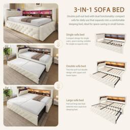 BTM 3FT Velvet Pull-Out Daybed LED USB Shelf 90x190 Beige - Size: Single - thumbnail 6