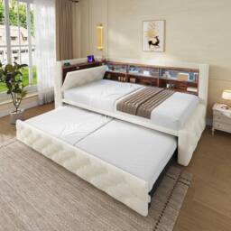 BTM 3FT Velvet Pull-Out Daybed LED USB Shelf 90x190 Beige - Size: Single - thumbnail 3