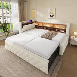 BTM 3FT Velvet Pull-Out Daybed LED USB Shelf 90x190 Beige - Size: Single - thumbnail 1
