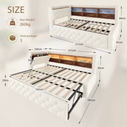 BTM 3FT Velvet Pull-Out Daybed LED USB Shelf 90x190 Beige - Size: Single - thumbnail 4