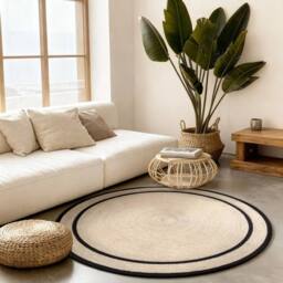 THE RUGS Braided Handwoven Lina Jute Round Rug Reversible Cream Black - Size: 150 cm diameter - thumbnail 3