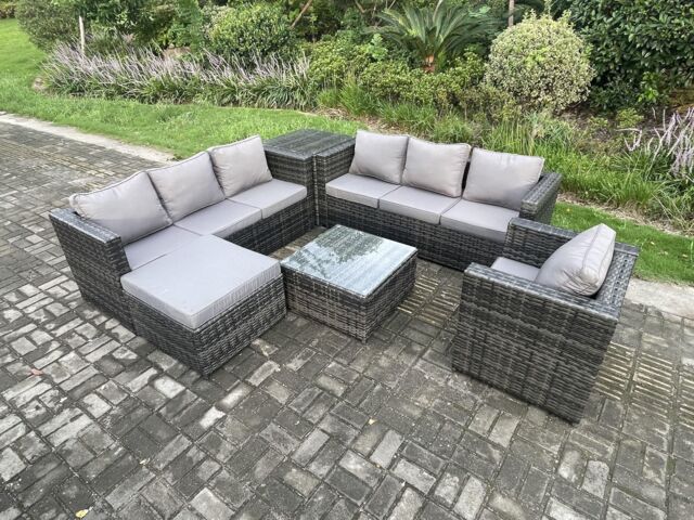Fimous Rattan Garden Furniture Sofa Set with Armchair Side Table Square Coffee Table Big Footstool Indoor Side Table Outdoor in Dark Grey - image 1