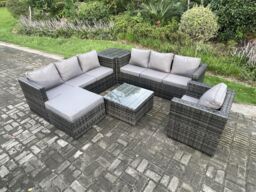Fimous Rattan Garden Furniture Sofa Set with Armchair Side Table Square Coffee Table Big Footstool Indoor Side Table Outdoor in Dark Grey - thumbnail 1