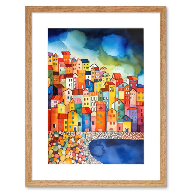 "Artery8 Wall Art Print Menton France Seaside Town Folk Artwork Framed 9X7 Inch in Beige - Size: W7"" x H9""" - image 1