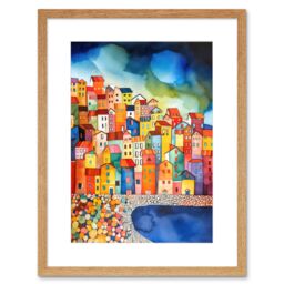 "Artery8 Wall Art Print Menton France Seaside Town Folk Artwork Framed 9X7 Inch in Beige - Size: W7"" x H9""" - thumbnail 1