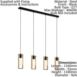 Loops Hanging Ceiling Pendant Light Black & Wood Frame 4 x 60W E27 Kitchen Island - thumbnail 2