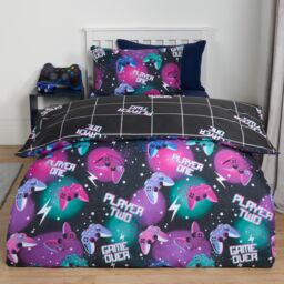 OHS Gaming Duvet Cover Quilt Bedding Set Neon Reversible Kids Bed Soft in Black - Size: Double