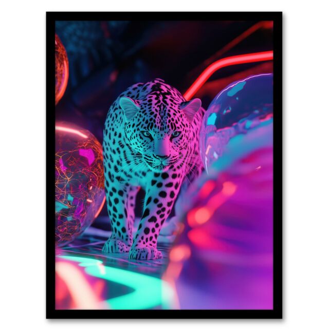 Artery8 Leopard & Neon Pink Blue Colour Party Balloons Framed Art Print - Size: A4 - image 1