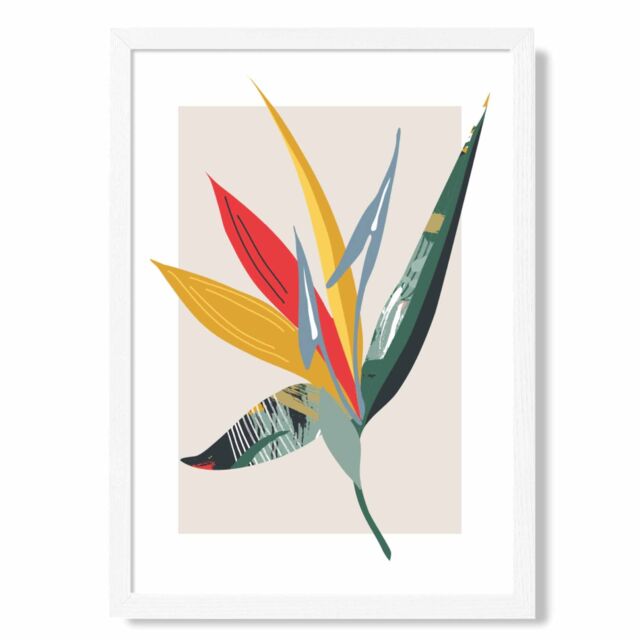 ARTZE Tropical Flower Green & Red Minamilist Framed Print SIZE: A2 with White Frame - Size: A4 - image 1