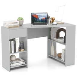 Costway L-Shaped Computer Desk Compact Corner Executive Desk w/Storage in Grey