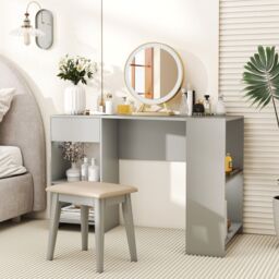 Costway L-Shaped Computer Desk Compact Corner Executive Desk w/Storage in Grey - thumbnail 9