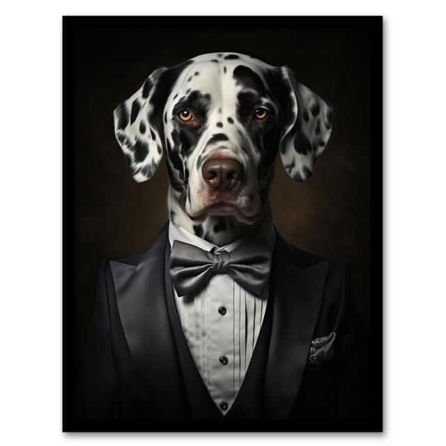 Wee Blue Coo Wall Art Print Dalmatian Dinner Jacket Portrait Dog Living Room Framed in Black - Size: A4 - image 1