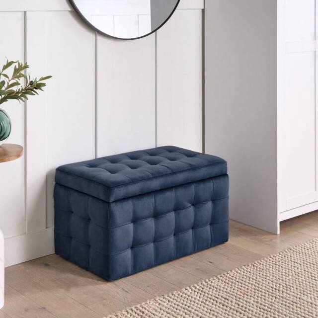 Wyld and Coco Dark Blue Velvet Tufted Ottoman With Storage Bench - image 1