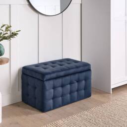 Wyld and Coco Dark Blue Velvet Tufted Ottoman With Storage Bench - thumbnail 1