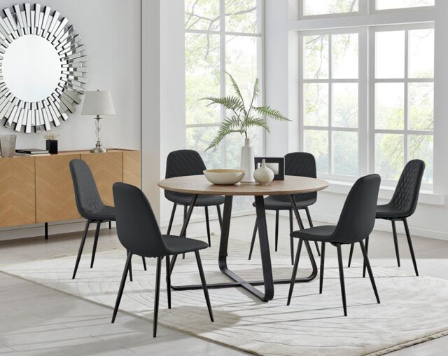 FurnitureboxUK Santorini Brown Round Dining Table & 6 Corona Black Leg Chairs - image 1