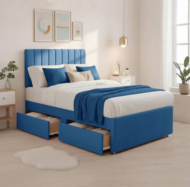 Bed Time UK Luxe Divan Bed Memory Foam Mattress 20in Headboard 2 Drawer Storage in Blue - Size: Small Double - image 1