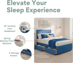 Bed Time UK Luxe Divan Bed Memory Foam Mattress 20in Headboard 2 Drawer Storage in Blue - Size: Small Double - thumbnail 4