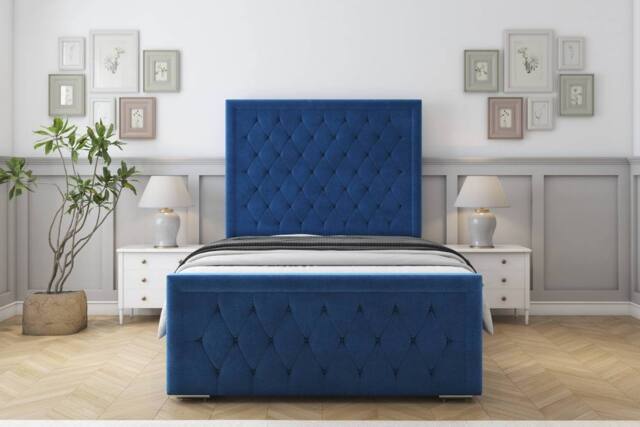 "Sloomy Monroe Plush Frame-Mattress - 50"" Upholstered Headboard in Navy - Size: Double" - image 1
