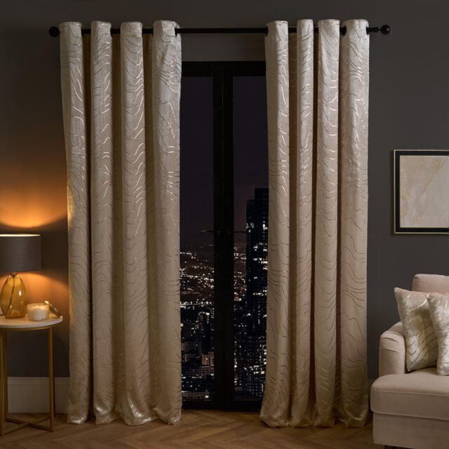 OHS Velvet Eyelet Curtains Metallic Foil Wave Pair of Ring Top Thermal Ready Made in Natural - Size: 168 cm width x 229 cm drop - image 1