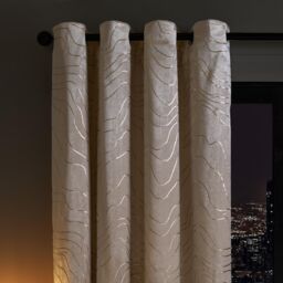 OHS Velvet Eyelet Curtains Metallic Foil Wave Pair of Ring Top Thermal Ready Made in Natural - Size: 168 cm width x 229 cm drop - thumbnail 2