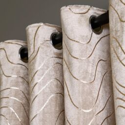 OHS Velvet Eyelet Curtains Metallic Foil Wave Pair of Ring Top Thermal Ready Made in Natural - Size: 168 cm width x 229 cm drop - thumbnail 4