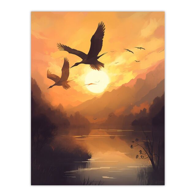 Artery8 Wall Art Print Cranes Soaring Against a Golden Sunset Sky Atmospheric Painting Warm Colours Birds Flying Over Tranquil Mountain Lake - image 1