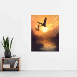 Artery8 Wall Art Print Cranes Soaring Against a Golden Sunset Sky Atmospheric Painting Warm Colours Birds Flying Over Tranquil Mountain Lake - thumbnail 4
