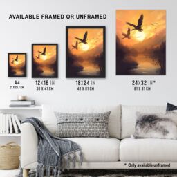 Artery8 Wall Art Print Cranes Soaring Against a Golden Sunset Sky Atmospheric Painting Warm Colours Birds Flying Over Tranquil Mountain Lake - thumbnail 3