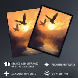 Artery8 Wall Art Print Cranes Soaring Against a Golden Sunset Sky Atmospheric Painting Warm Colours Birds Flying Over Tranquil Mountain Lake - thumbnail 2
