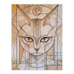 "Artery8 Cat Lover Art Deco Feline Design Portrait Wall Art Print in Beige - Size: W24"" x H32""" - thumbnail 1