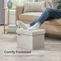SONGMICS Compact Rectangular Foldable Storage Ottoman Foot Rest Bedroom in Off-White