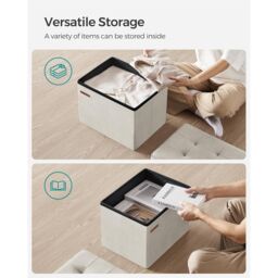 SONGMICS Compact Rectangular Foldable Storage Ottoman Foot Rest Bedroom in Off-White - thumbnail 4