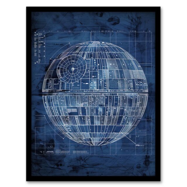 "Artery8 Space Station Blueprint Star Design Death Framed Art Print in Blue - Size: W12"" x H16""" - image 1