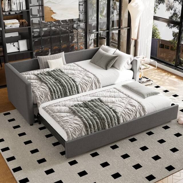 STILVORA 3ft Single Day Bed with Pull-Out Bed Grey Linen - image 1