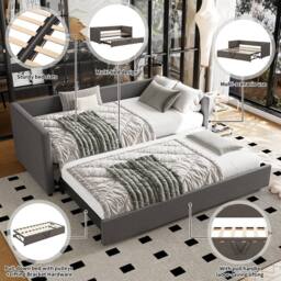 STILVORA 3ft Single Day Bed with Pull-Out Bed Grey Linen - thumbnail 7