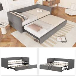 STILVORA 3ft Single Day Bed with Pull-Out Bed Grey Linen - thumbnail 9
