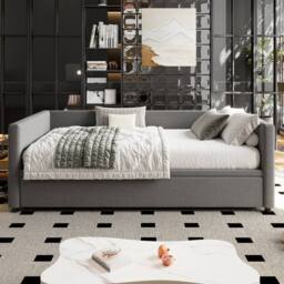 STILVORA 3ft Single Day Bed with Pull-Out Bed Grey Linen - thumbnail 2