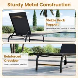 Costway Chaise Lounge Chair w/Wheels 6-Position Recliner w/180° Full Flat in Black - thumbnail 5