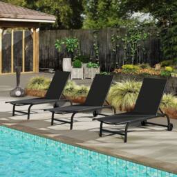 Costway Chaise Lounge Chair w/Wheels 6-Position Recliner w/180° Full Flat in Black - thumbnail 7