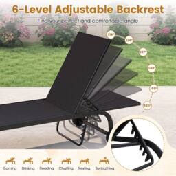 Costway Chaise Lounge Chair w/Wheels 6-Position Recliner w/180° Full Flat in Black - thumbnail 4