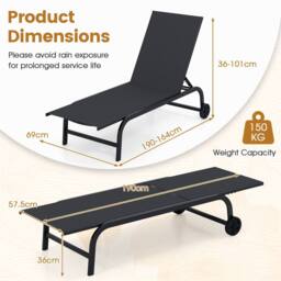 Costway Chaise Lounge Chair w/Wheels 6-Position Recliner w/180° Full Flat in Black - thumbnail 2