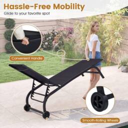 Costway Chaise Lounge Chair w/Wheels 6-Position Recliner w/180° Full Flat in Black - thumbnail 9