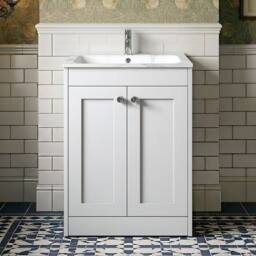 Balterley 600mm Floor Standing 2 Door Unit Stone Basin 1 Tap Hole - Satin White - thumbnail 3