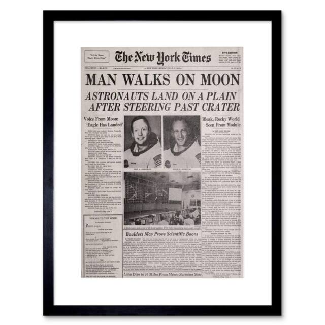 "Artery8 Vintage Space Newspaper Moon Aldrin Armstrong 12x16"" Framed Art Print in Grey - Size: W12"" x H16""" - image 1