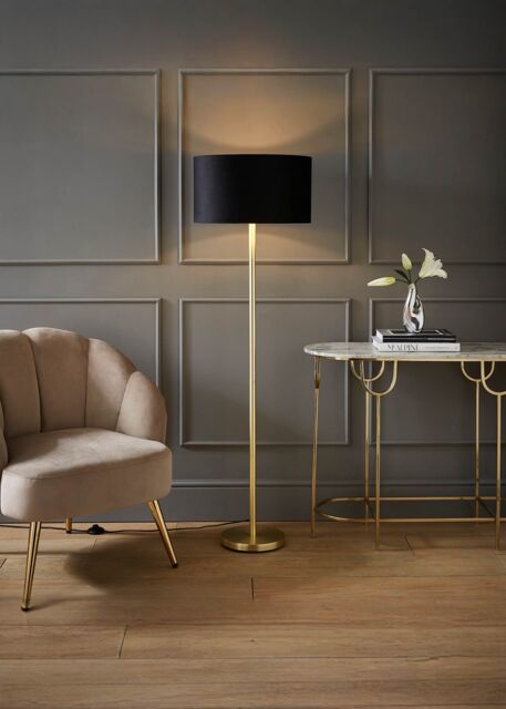 ValueLights Charlie Gold Stem Floor Lamp with Velvet Drum with Gold Inner Shade & LED Bulb in Black - image 1