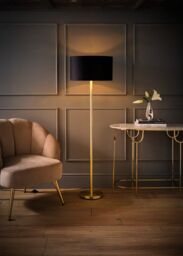 ValueLights Charlie Gold Stem Floor Lamp with Velvet Drum with Gold Inner Shade & LED Bulb in Black - thumbnail 2
