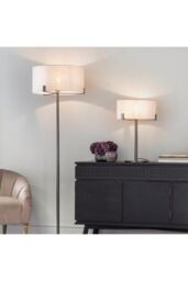Netlighting Hayfield Floor Lamp Brushed Bronze Effect Plate & Natural Linen 1 Light IP20 E27 in Brown - thumbnail 2