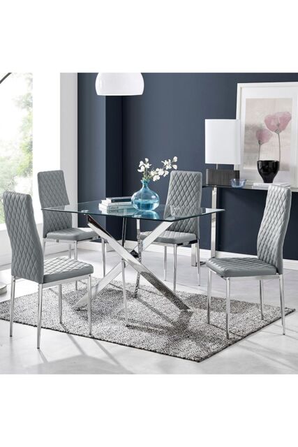 FurnitureboxUK Leonardo Glass & Chrome Metal Dining Table & 4 Milan Chairs Set in Grey - image 1